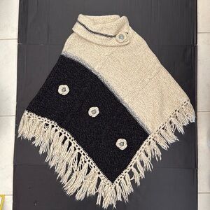 Crocheted Knit Poncho Fringe Turtleneck Style